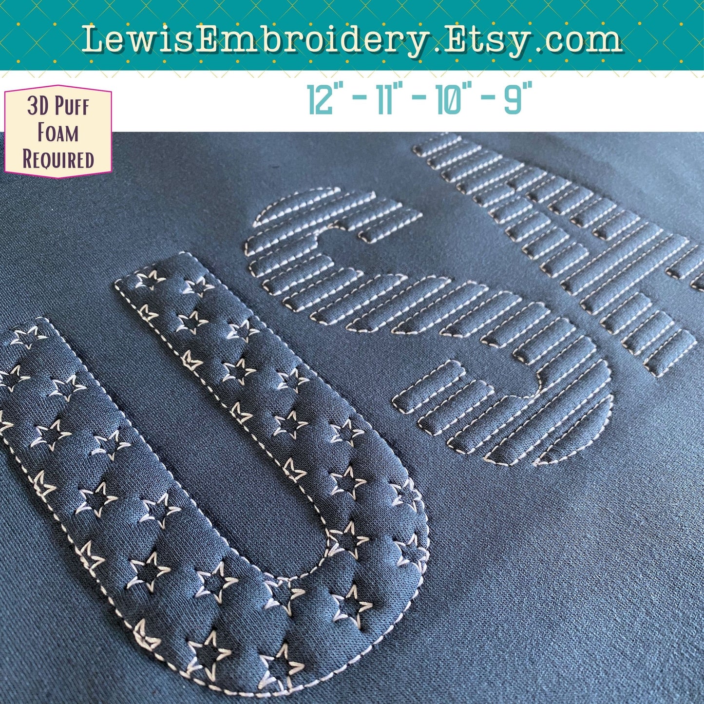 USA Flag Embossed 3D Puff, Machine Embroidery Design - NOT Full Font (PDF Tutorial Included)