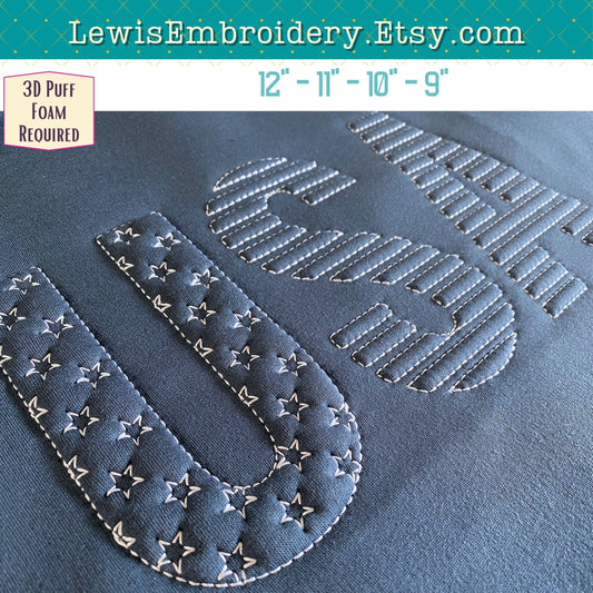 USA Flag Embossed 3D Puff, Machine Embroidery Design - NOT Full Font (PDF Tutorial Included)