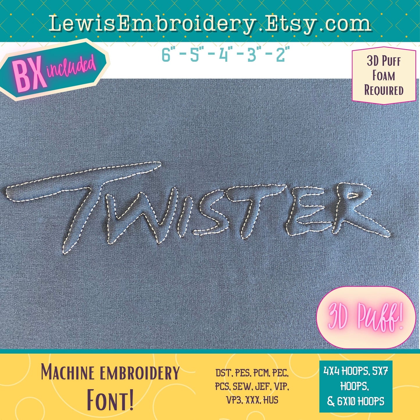 Embossed 3D Puff, Twister, Machine Embroidery Font - With BX - (PDF Tutorial Included)