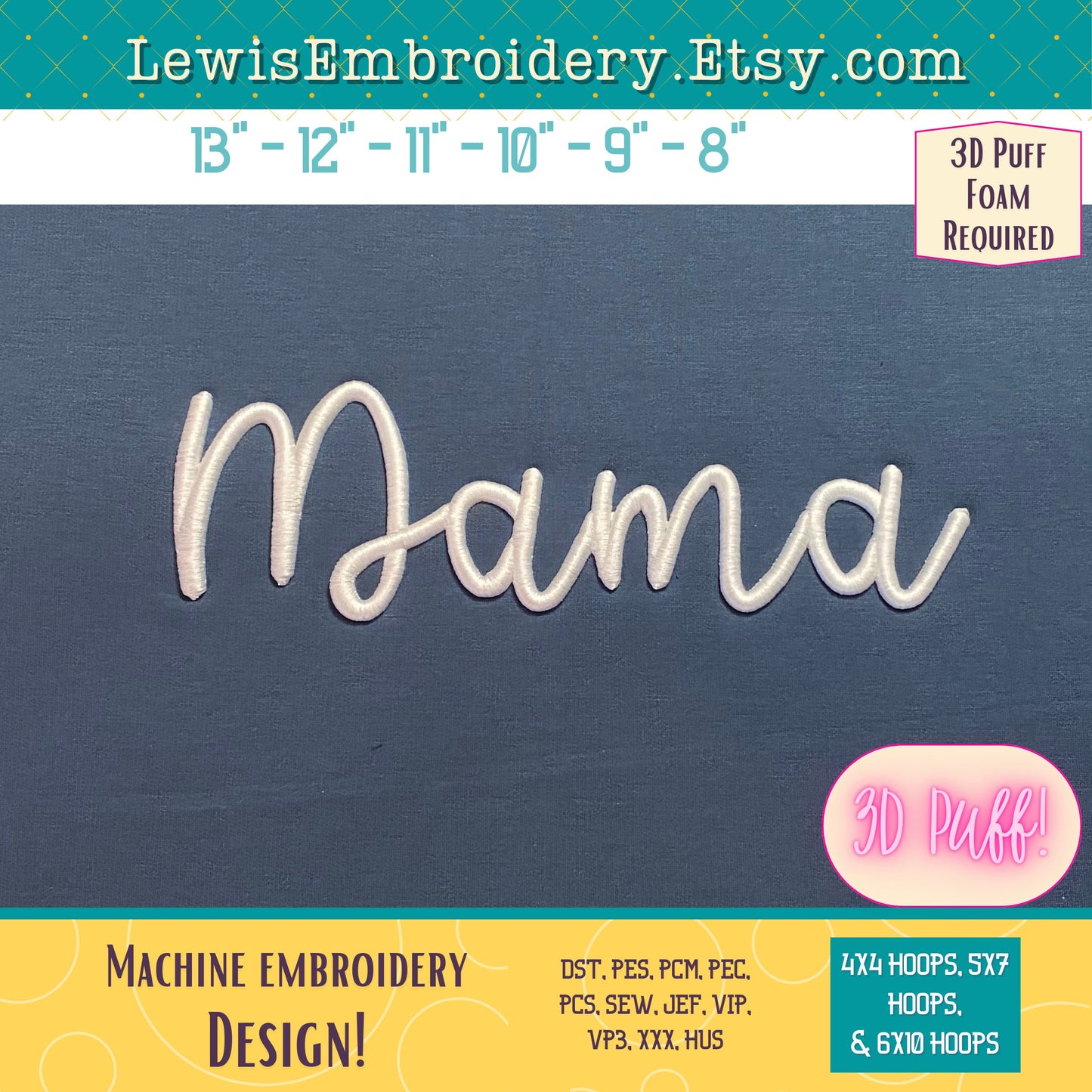 MAMA 3D Puff, Machine Embroidery Design - NOT Full Font - (Digital Download)