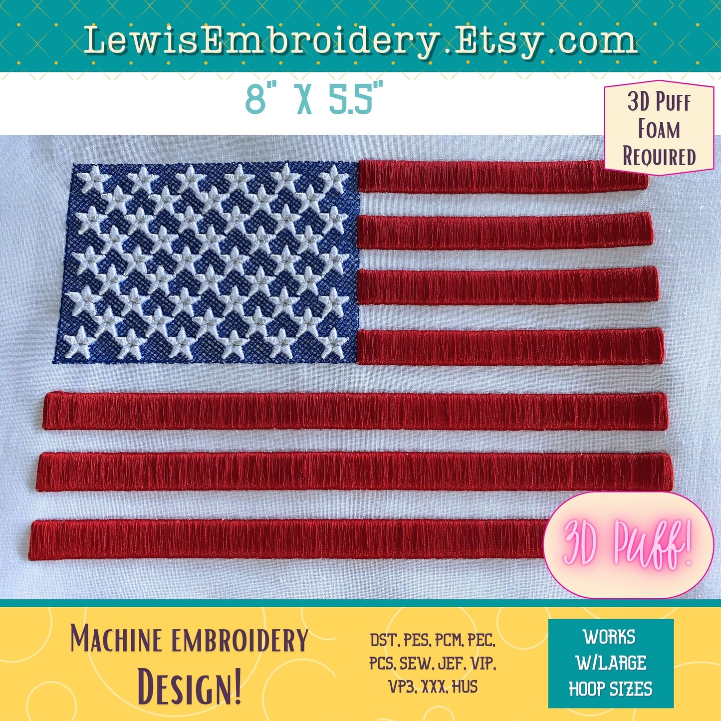 3D Puff USA Flag, Machine Embroidery Design - Large Jacket Back (PDF Tutorial Included)