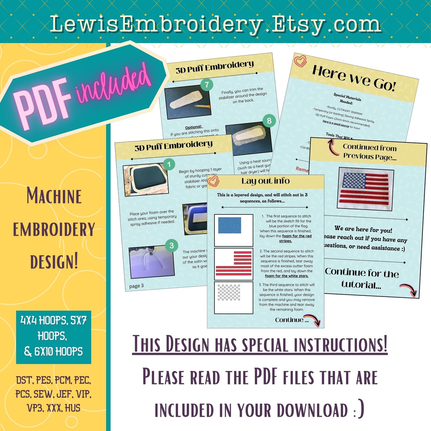 3D Puff USA Flag, Machine Embroidery Design - Large Jacket Back (PDF Tutorial Included)