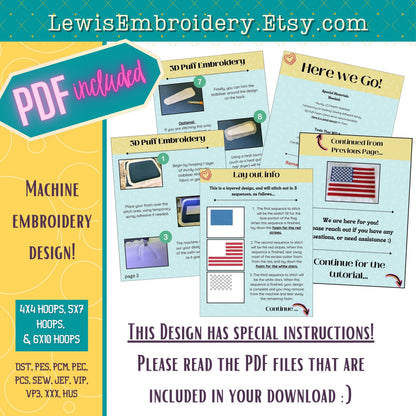 3D Puff USA Flag, Machine Embroidery Design - Large Jacket Back (PDF Tutorial Included)
