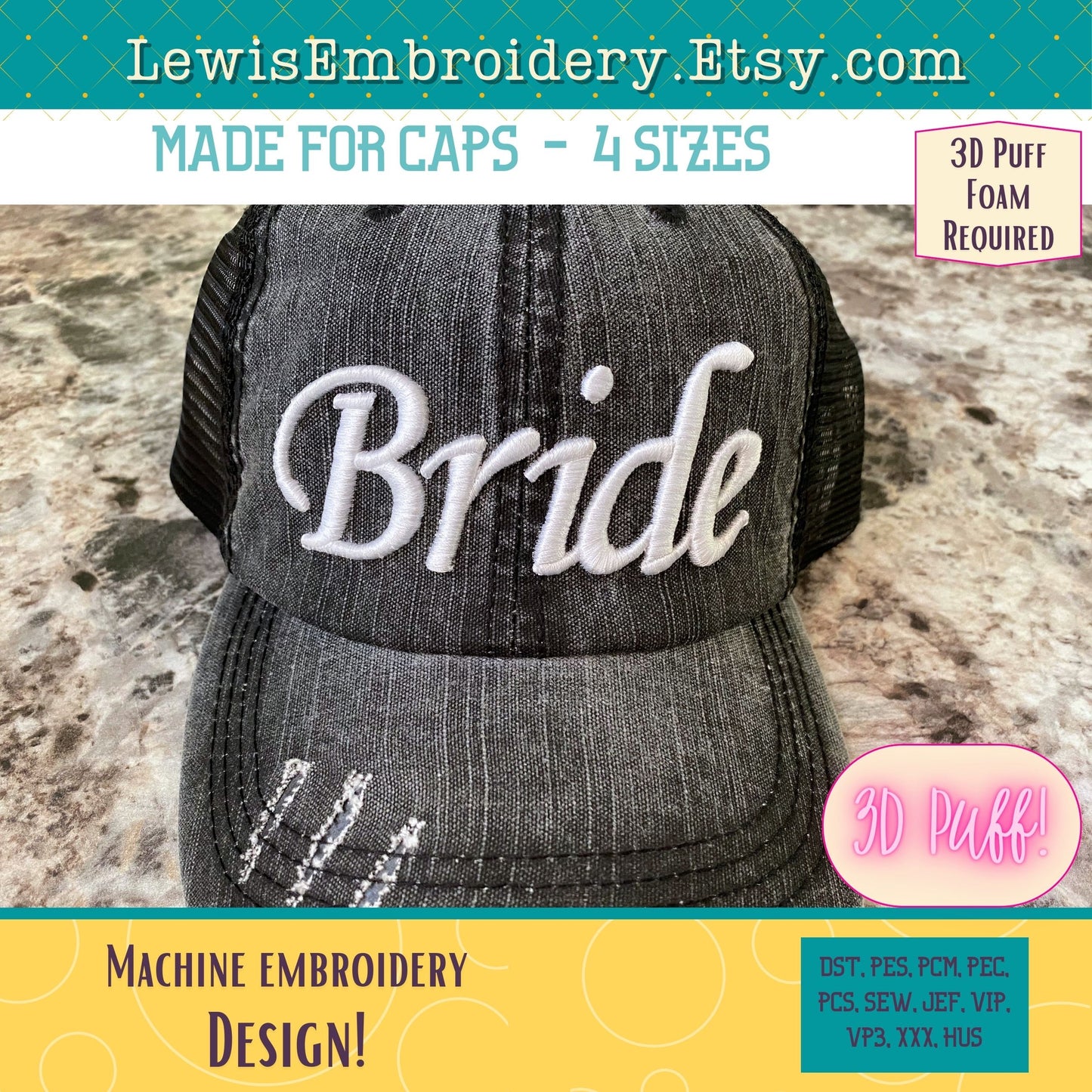 BRIDE 3D Puff, Machine Embroidery Design - NOT Full Font - (Digital Download)