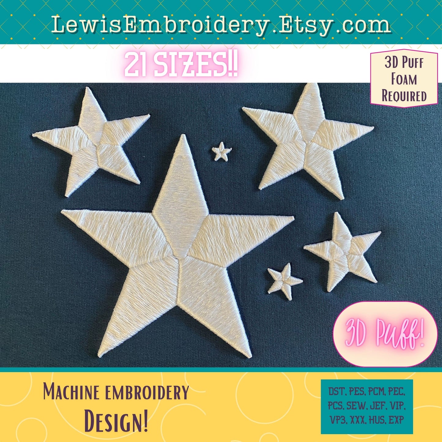 3D Puff Star, Machine Embroidery Design - (PDF Tutorial Included)