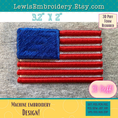 Small 3D Puff USA Flag, Machine Embroidery Design - (PDF Tutorial Included)