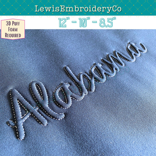 ALABAMA Embossed 3D Puff, Machine Embroidery Design - NOT Full Font (PDF Tutorial Included)