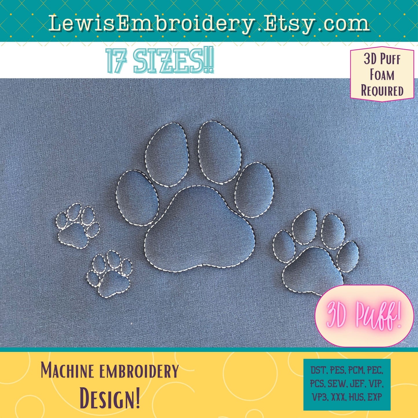 Embossed 3D Puff, Paw Print, Machine Embroidery Design - (PDF Tutorial Included)