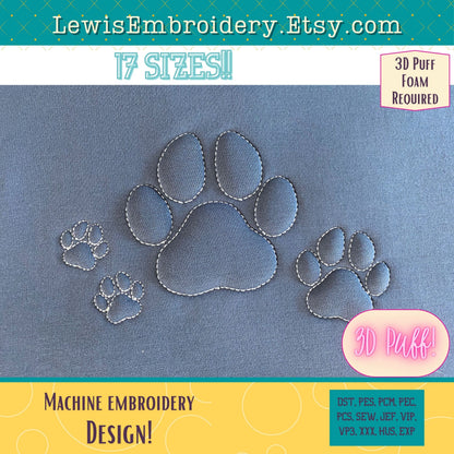 Embossed 3D Puff, Paw Print, Machine Embroidery Design - (PDF Tutorial Included)