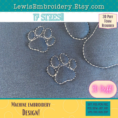 Embossed 3D Puff, Paw Print, Machine Embroidery Design - (PDF Tutorial Included)