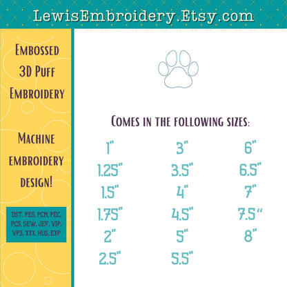 Embossed 3D Puff, Paw Print, Machine Embroidery Design - (PDF Tutorial Included)