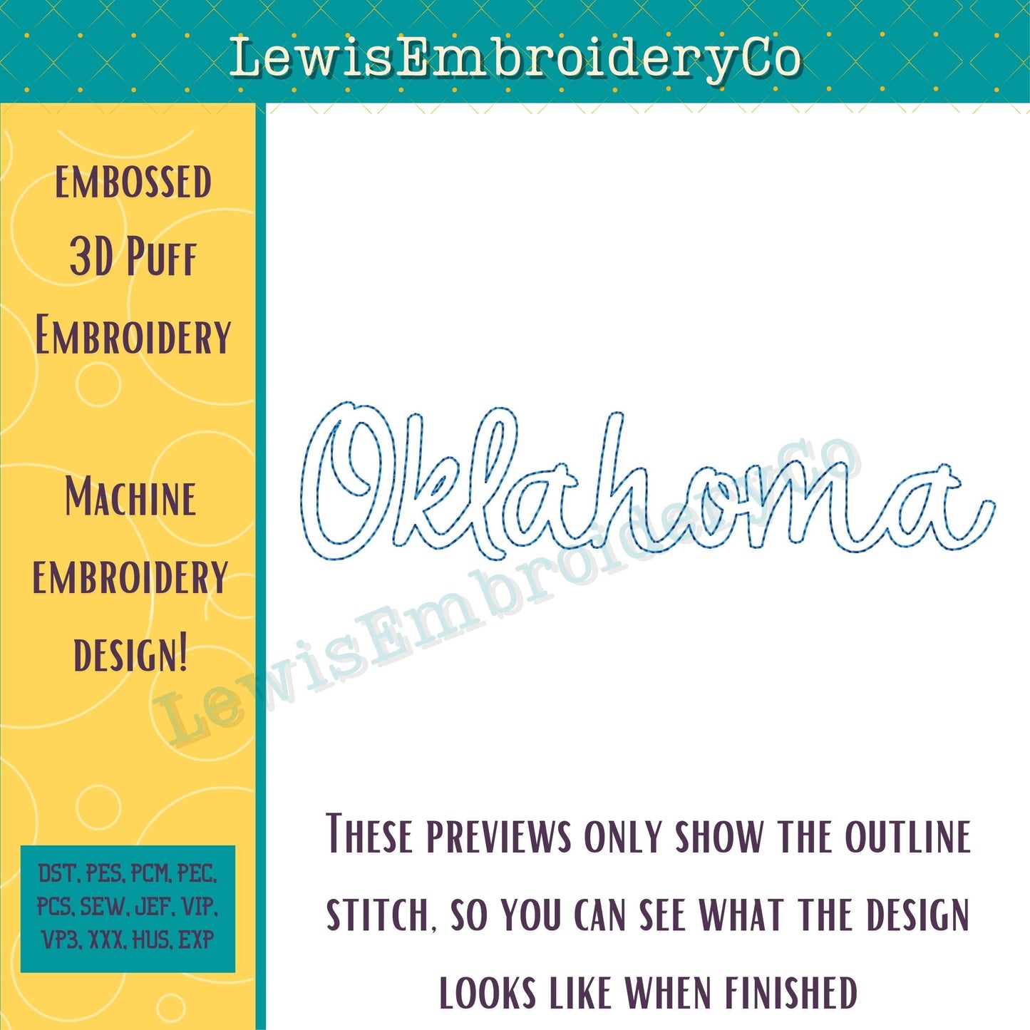 OKLAHOMA Embossed 3D Puff, Machine Embroidery Design - NOT Full Font (PDF Tutorial Included)