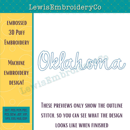 OKLAHOMA Embossed 3D Puff, Machine Embroidery Design - NOT Full Font (PDF Tutorial Included)