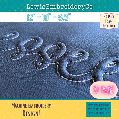 TENNESSEE Embossed 3D Puff, Machine Embroidery Design - NOT Full Font (PDF Tutorial Included)