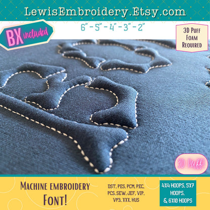 Embossed 3D Puff, Bones, Machine Embroidery Font - With BX - (PDF Tutorial Included)