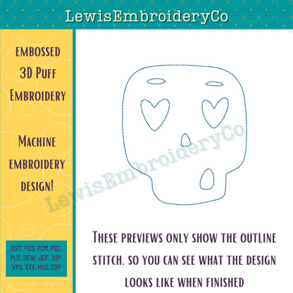 Embossed 3D Puff, Skull, Machine Embroidery Design - (PDF Tutorial Included)