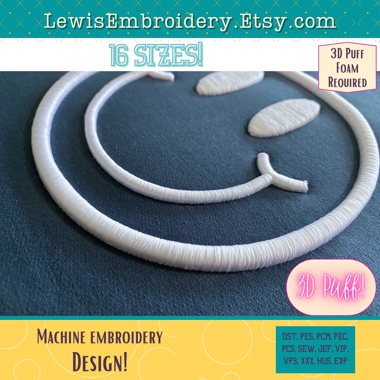3D Puff, Smiley Face, Machine Embroidery Design - (PDF Tutorial Included)
