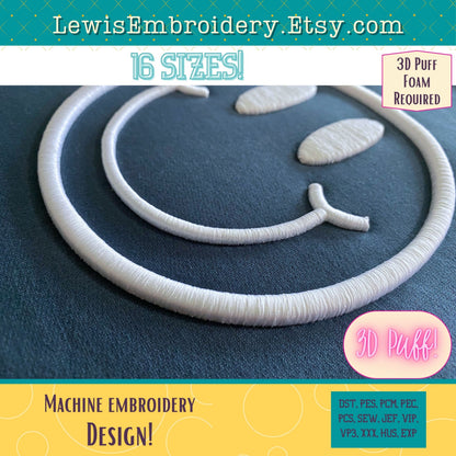 3D Puff, Smiley Face, Machine Embroidery Design - (PDF Tutorial Included)