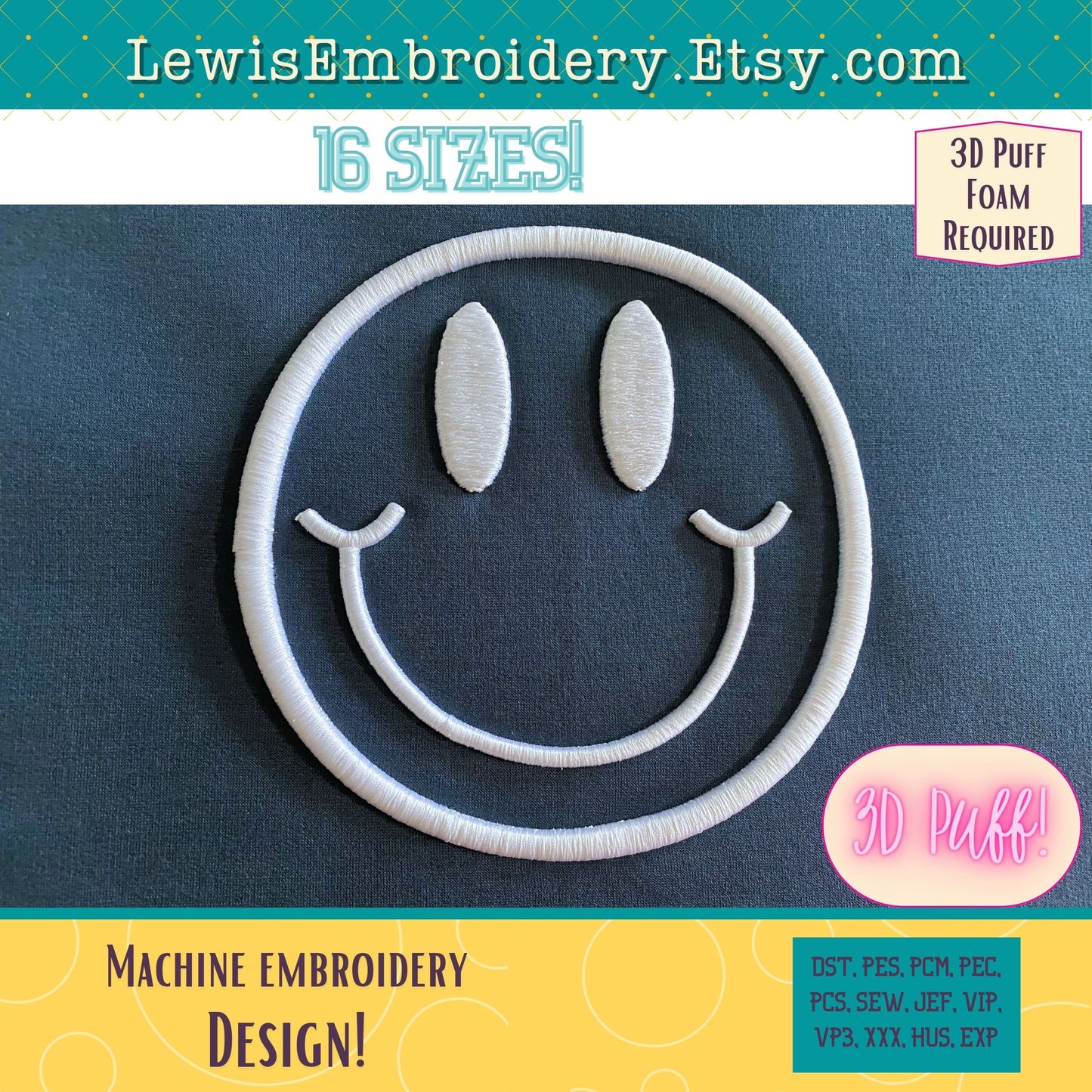3D Puff, Smiley Face, Machine Embroidery Design - (PDF Tutorial Included)