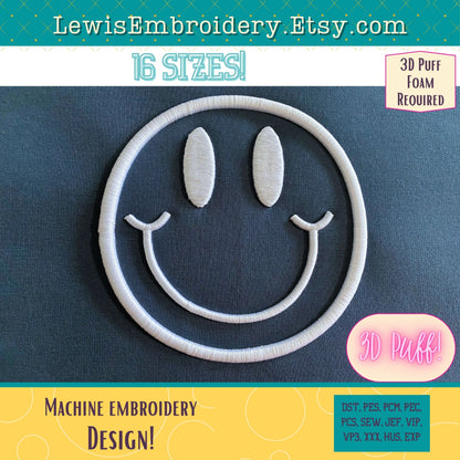 3D Puff, Smiley Face, Machine Embroidery Design - (PDF Tutorial Included)