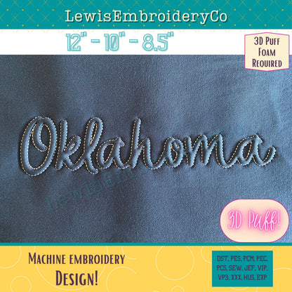 OKLAHOMA Embossed 3D Puff, Machine Embroidery Design - NOT Full Font (PDF Tutorial Included)