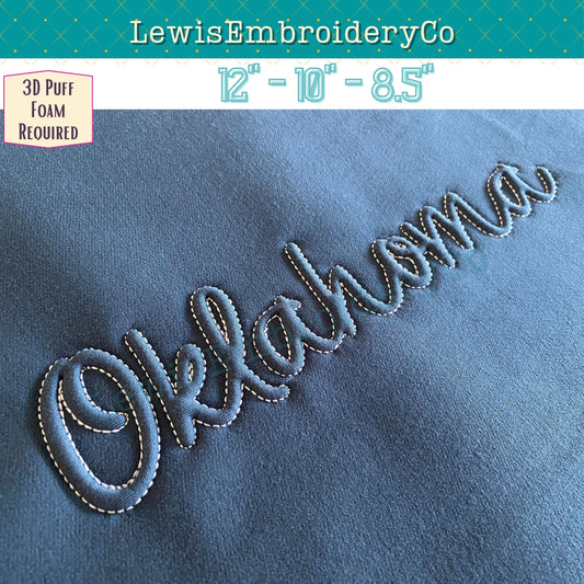 OKLAHOMA Embossed 3D Puff, Machine Embroidery Design - NOT Full Font (PDF Tutorial Included)