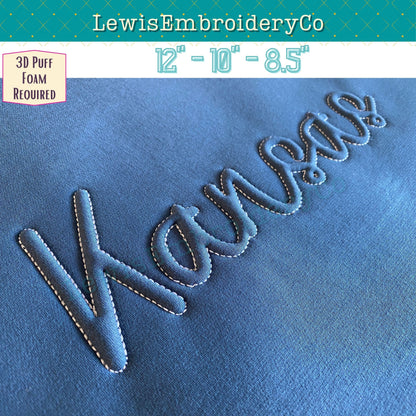 KANSAS Embossed 3D Puff, Machine Embroidery Design - NOT Full Font (PDF Tutorial Included)