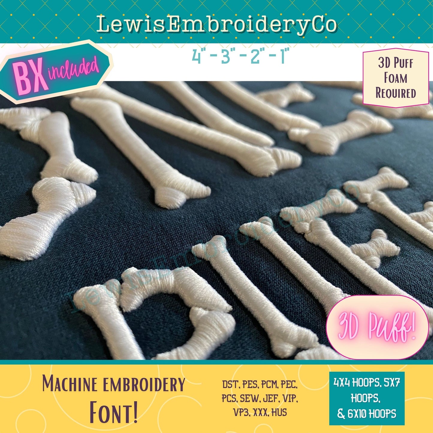 3D Puff, Bones, Machine Embroidery Font - With BX - (PDF Tutorial Included)
