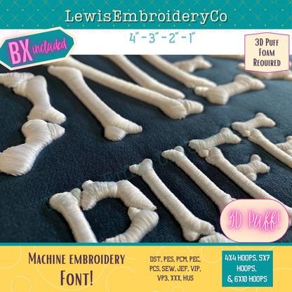3D Puff, Bones, Machine Embroidery Font - With BX - (PDF Tutorial Included)