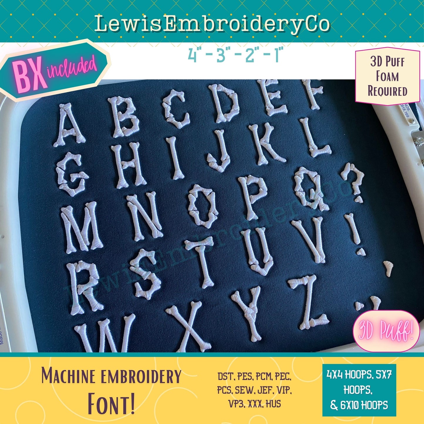 3D Puff, Bones, Machine Embroidery Font - With BX - (PDF Tutorial Included)