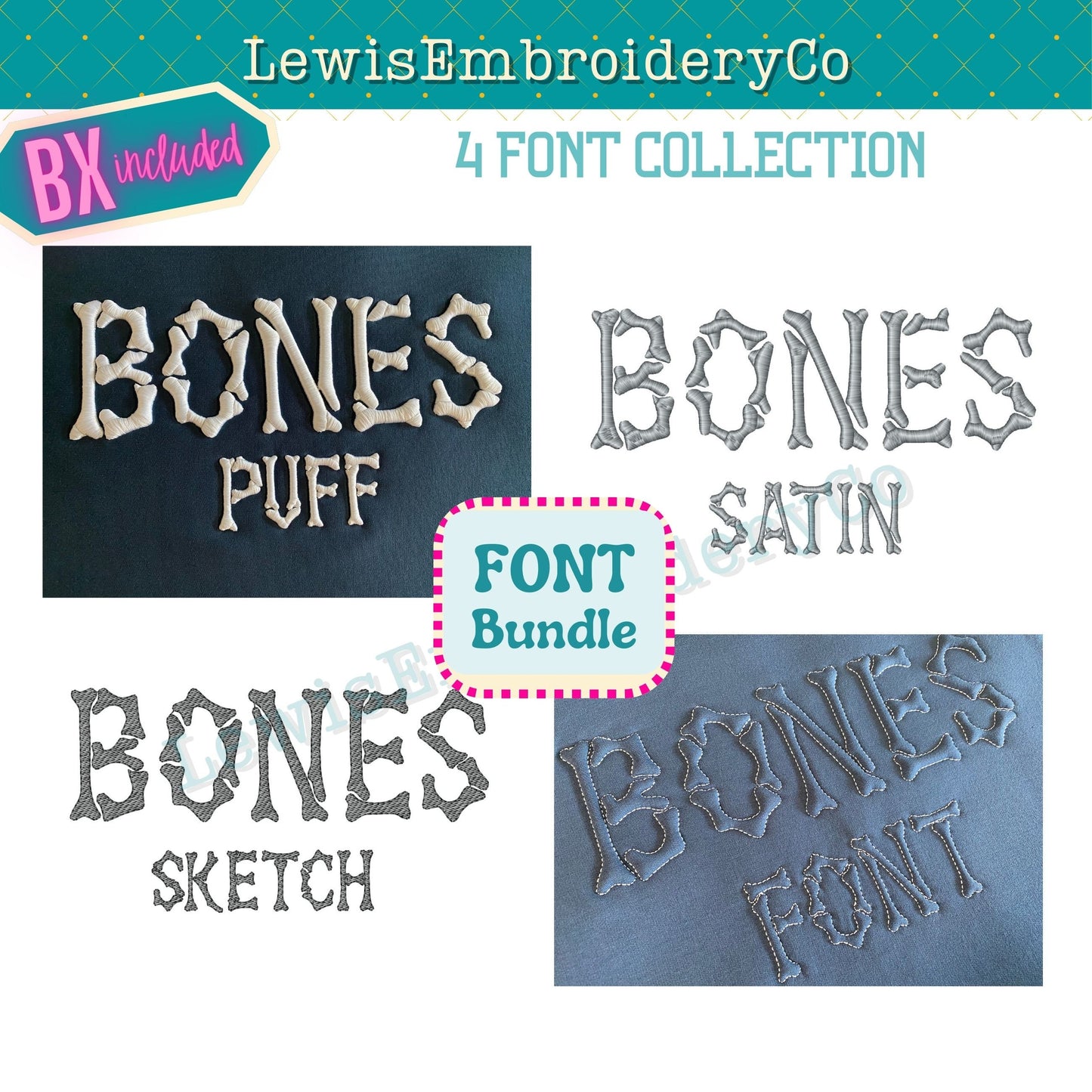 Bones, Machine Embroidery Font Collection - With BX - (PDF Tutorials Included)