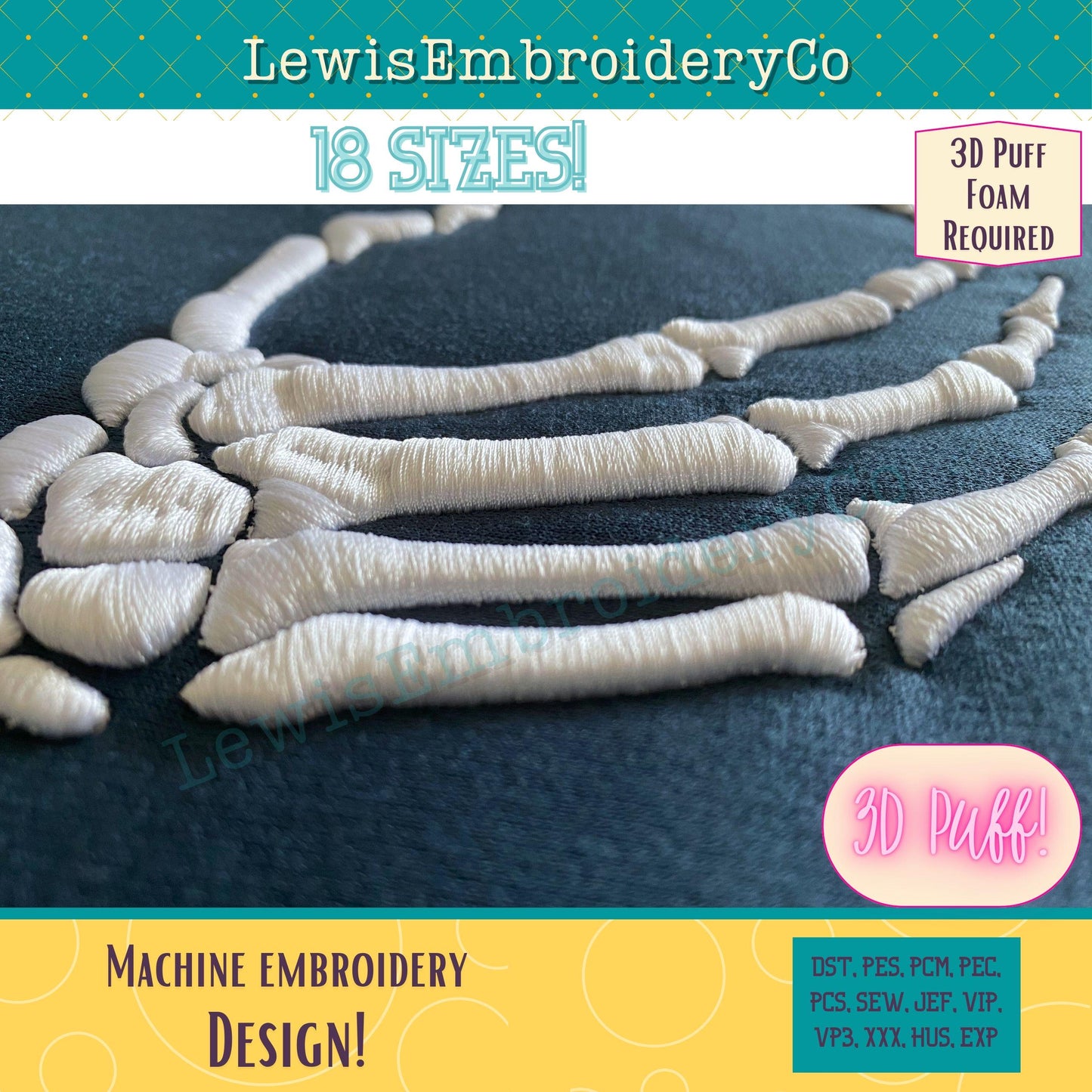 3D Puff, Skeleton Hands, Machine Embroidery Design - (PDF Tutorial Included)