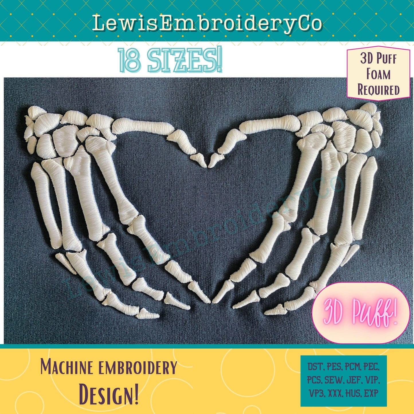 3D Puff, Skeleton Hands, Machine Embroidery Design - (PDF Tutorial Included)