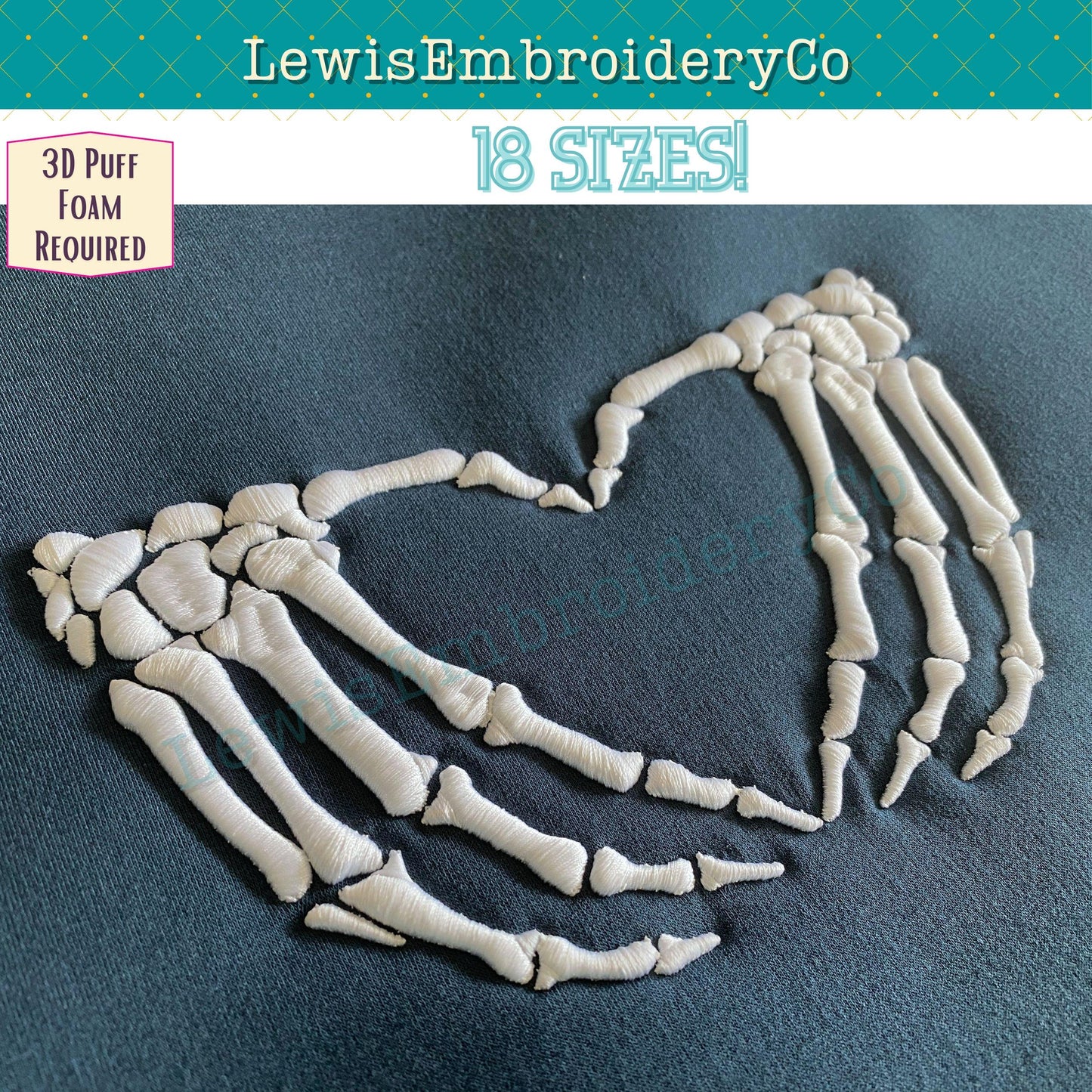 3D Puff, Skeleton Hands, Machine Embroidery Design - (PDF Tutorial Included)