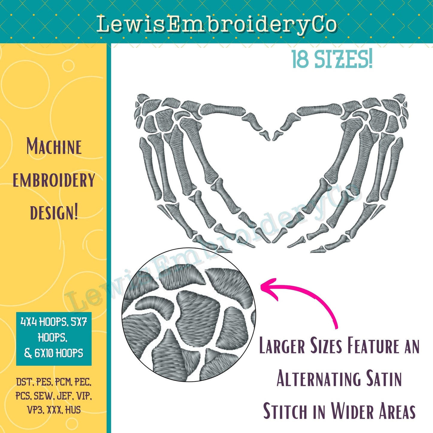 Skeleton Heart Hands, Machine Embroidery Design - (Digital Download)