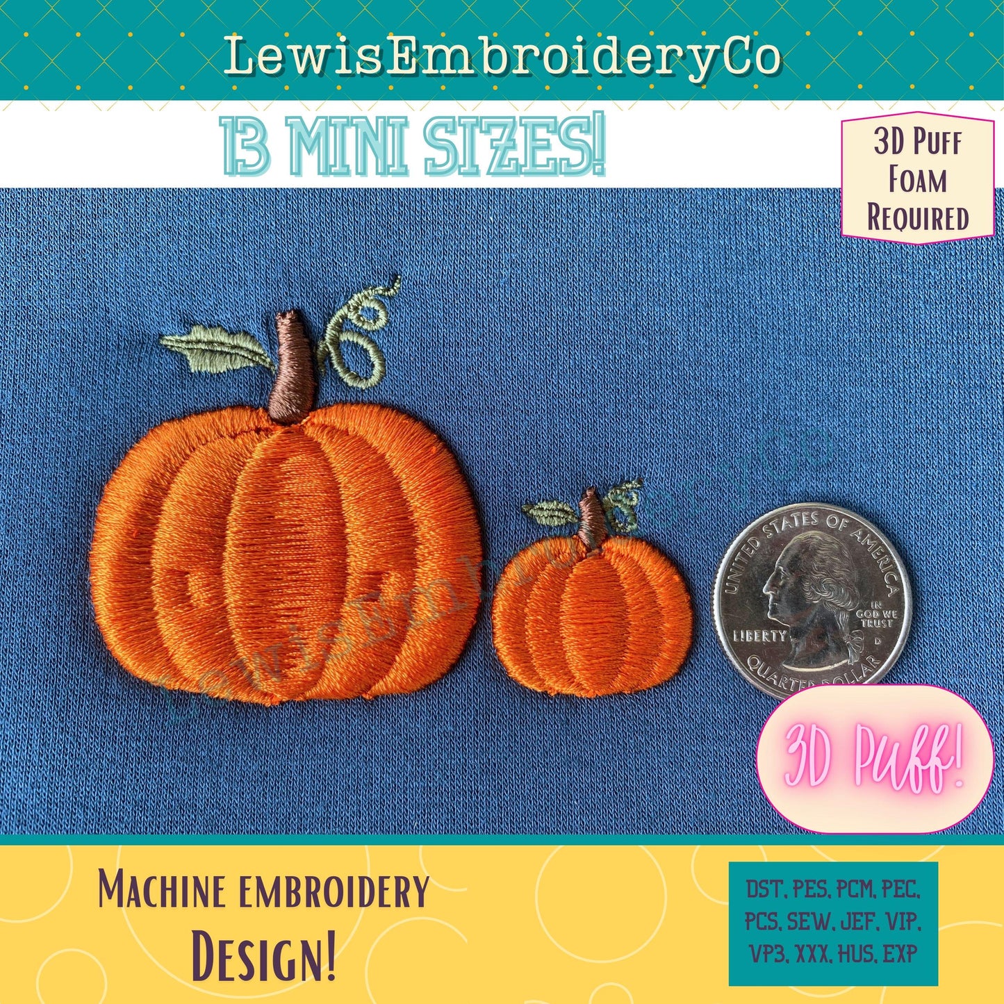 Mini 3D Puff Pumpkin, Machine Embroidery Design - (PDF Tutorial Included)