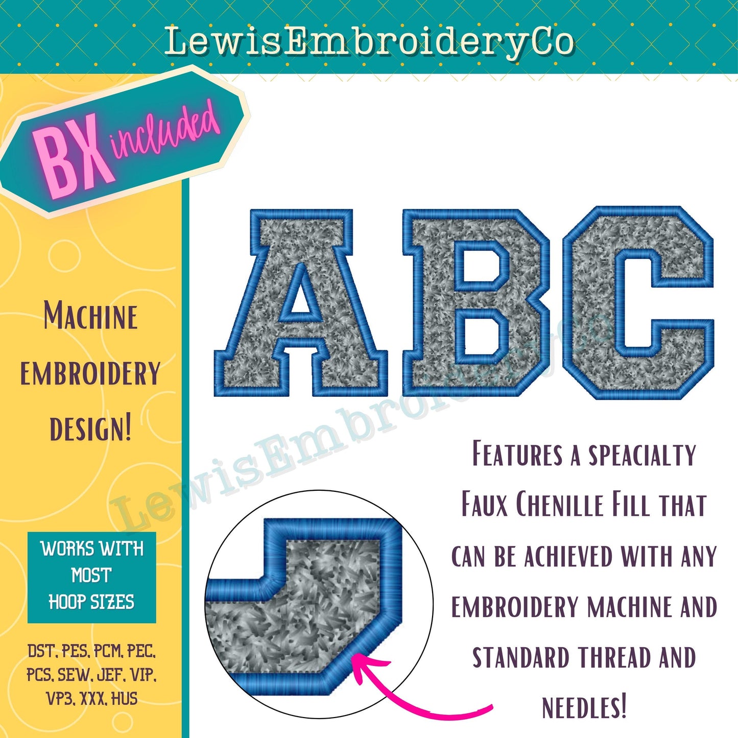 Faux Chenille Fill, Varsity, Machine Embroidery Font - With BX - (PDF Tutorial Included)
