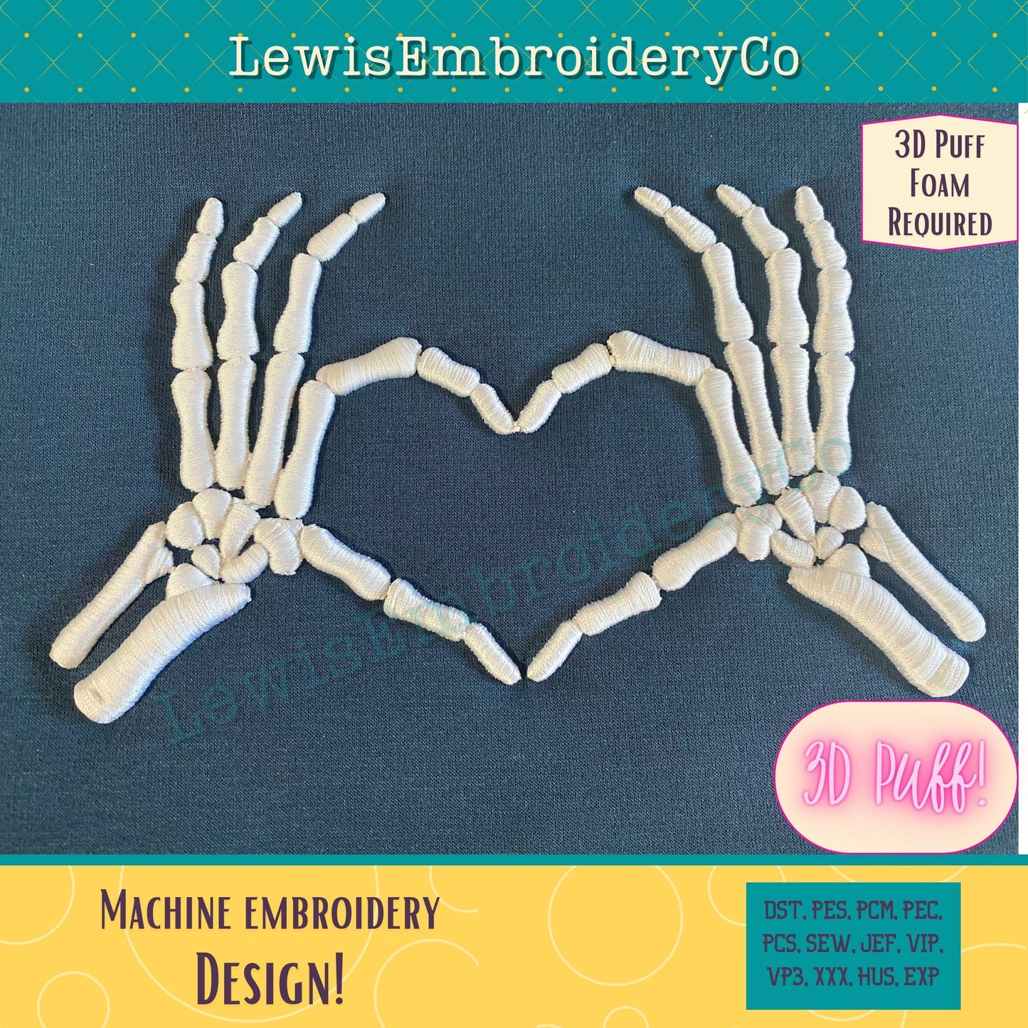 3D Puff Skeleton Heart Hands, Machine Embroidery Design - (PDF Tutorial Included)