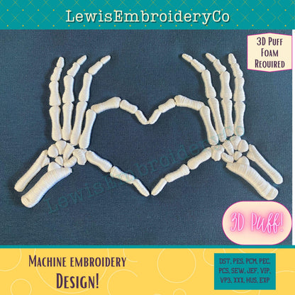 3D Puff Skeleton Heart Hands, Machine Embroidery Design - (PDF Tutorial Included)