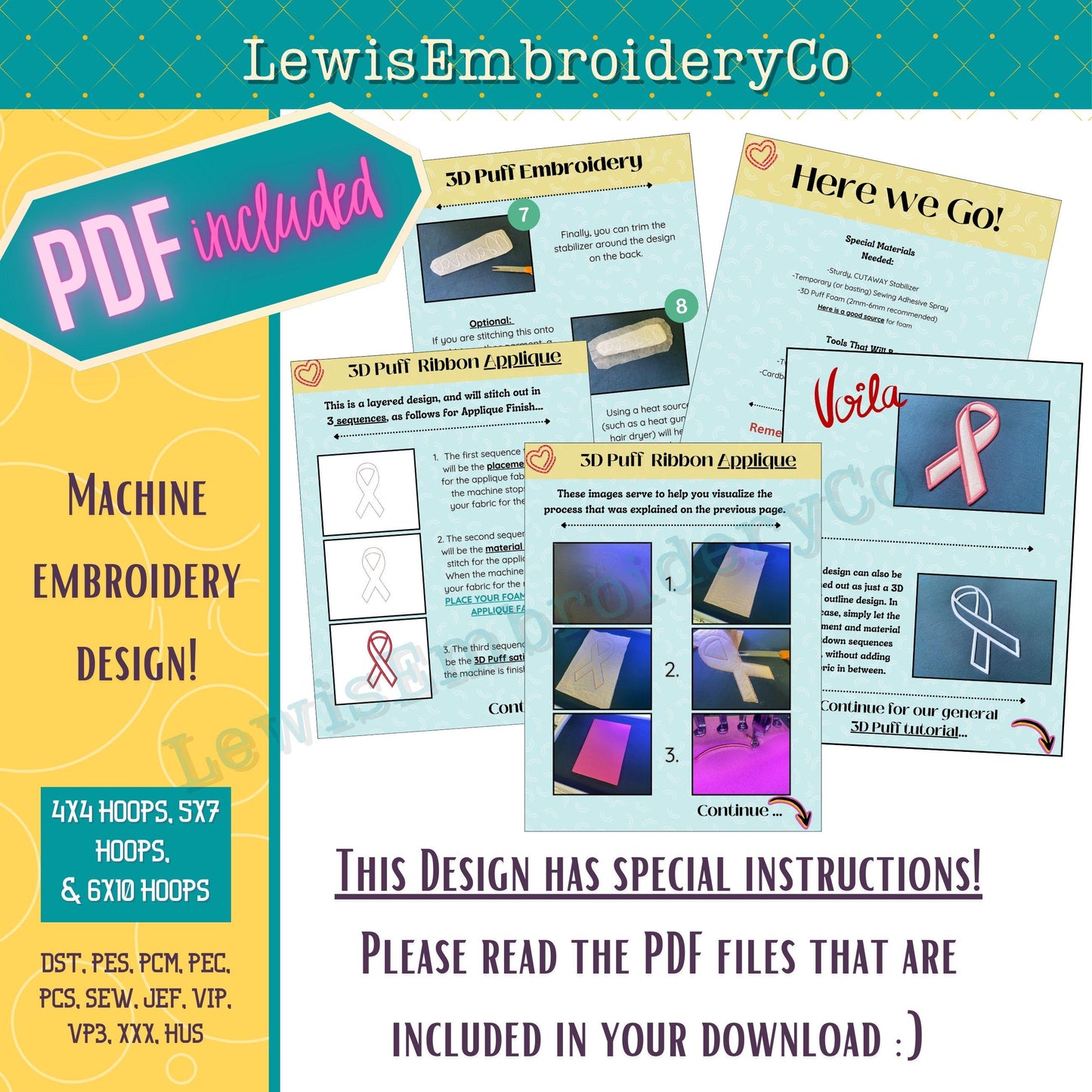 3D Puff Applique, Awareness Ribbon, Machine Embroidery Design - (PDF Tutorial Included)