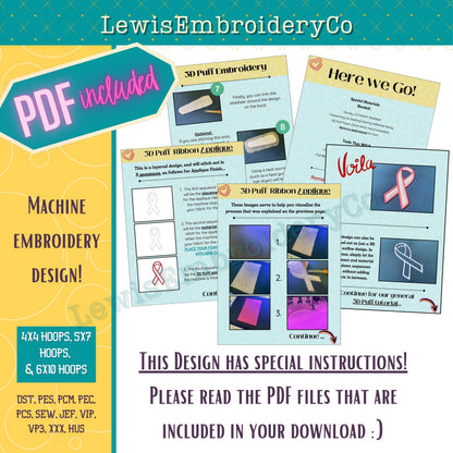 3D Puff Applique, Awareness Ribbon, Machine Embroidery Design - (PDF Tutorial Included)