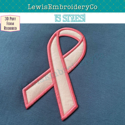 3D Puff Applique, Awareness Ribbon, Machine Embroidery Design - (PDF Tutorial Included)