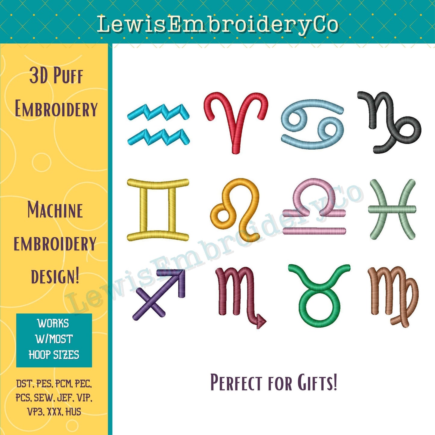 3D Puff Zodiac Sign, Machine Embroidery Design - (PDF Tutorial Included)