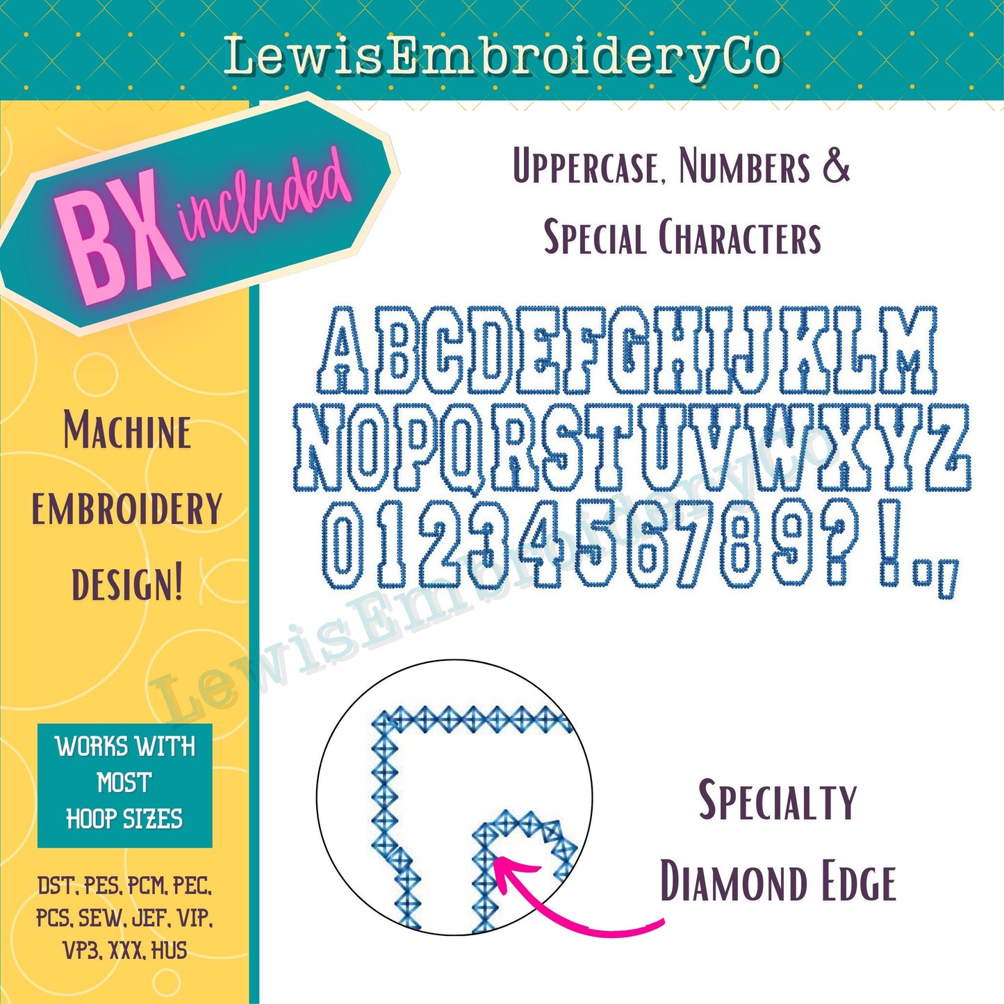 Diamond Edge Applique, Varsity, Machine Embroidery Font - With BX - (PDF Tutorial Included)