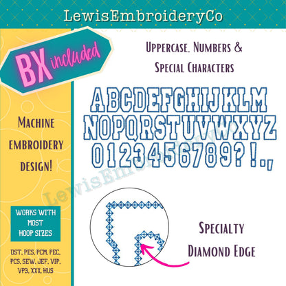 Diamond Edge Applique, Varsity, Machine Embroidery Font - With BX - (PDF Tutorial Included)