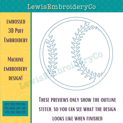 Baseball, Embossed 3D Puff, Machine Embroidery Design - (PDF Tutorial Included)
