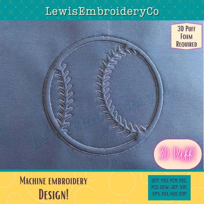 Baseball, Embossed 3D Puff, Machine Embroidery Design - (PDF Tutorial Included)