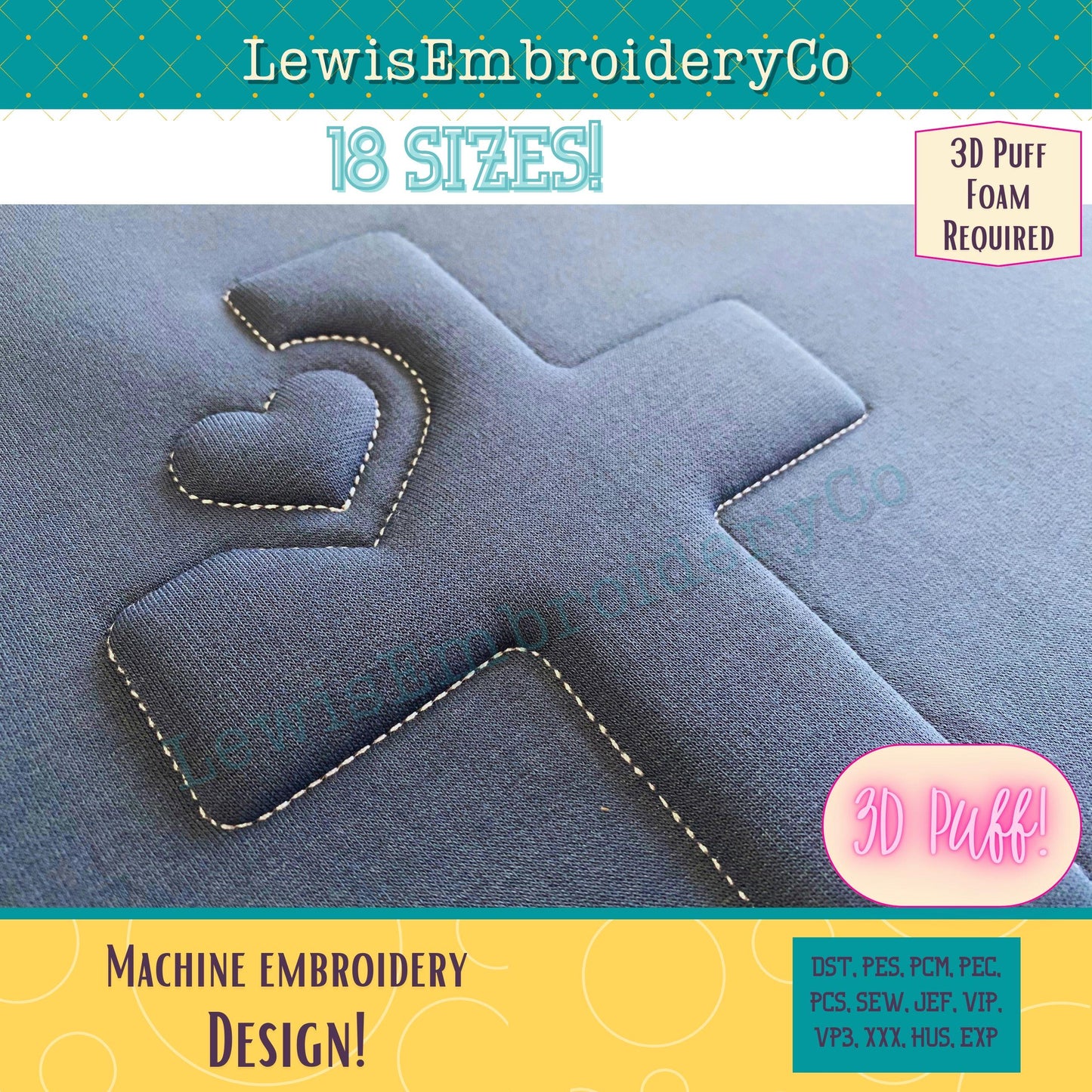 Heart Cross, Embossed 3D Puff, Machine Embroidery Design - (PDF Tutorial Included)