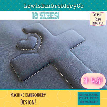 Heart Cross, Embossed 3D Puff, Machine Embroidery Design - (PDF Tutorial Included)