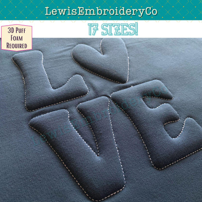 LOVE, Embossed 3D Puff, Machine Embroidery Design - Not Full Font - (PDF Tutorial Included)